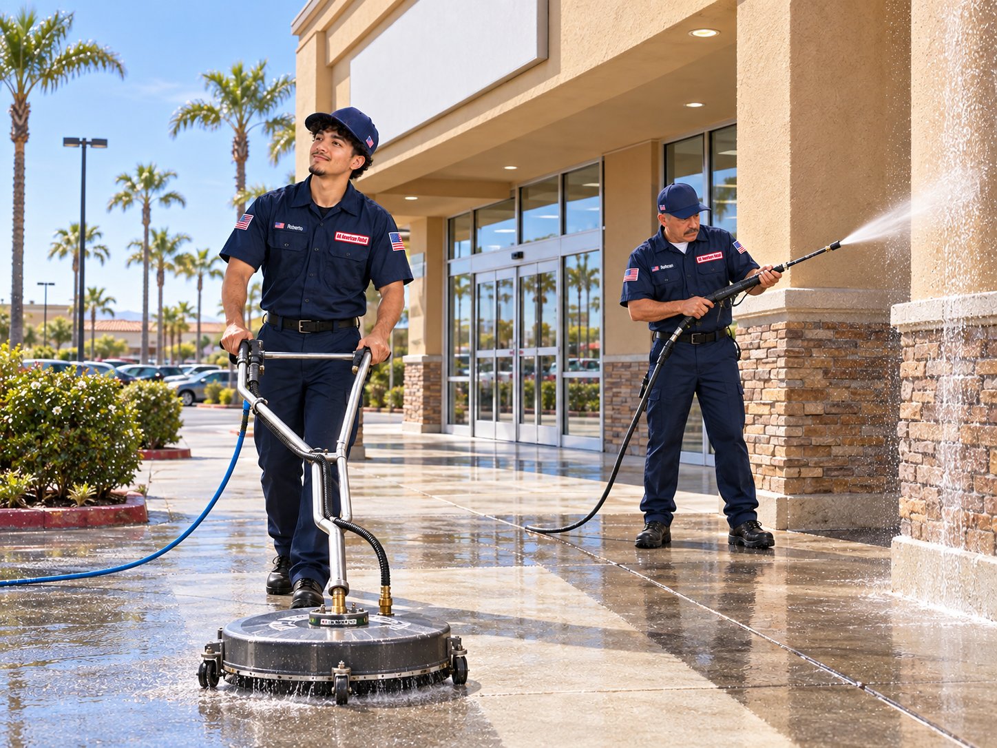 AAR technicians pressure washing a retail storefront sidewalk and entry columns