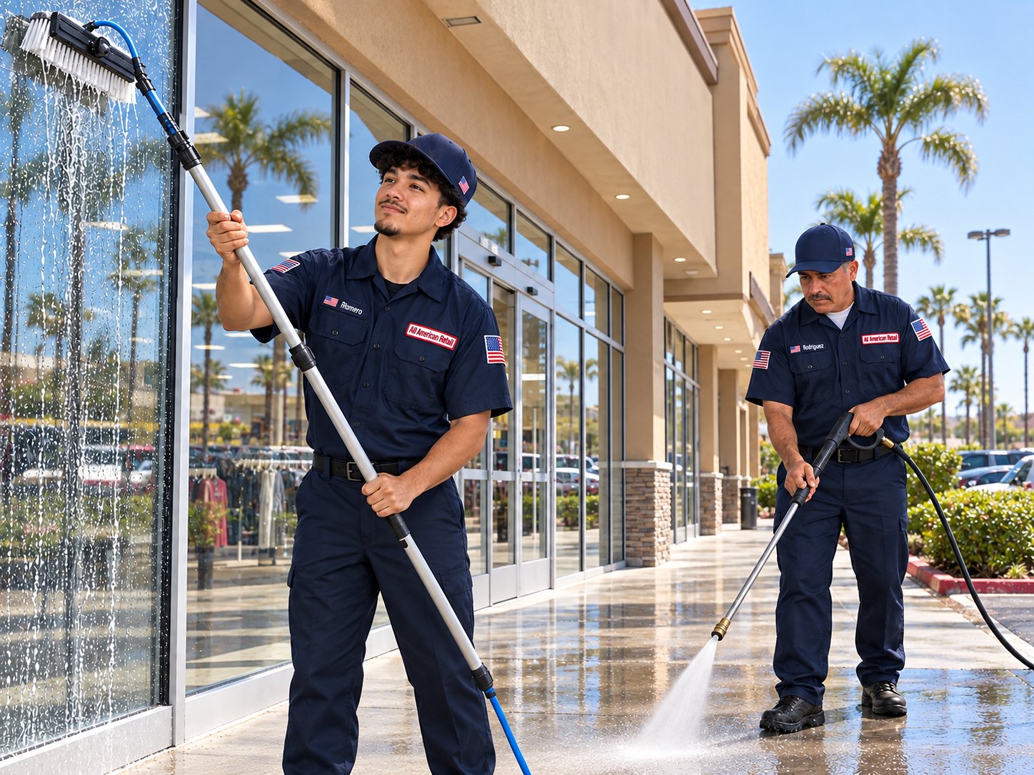 AAR technicians cleaning retail storefront windows with a water-fed pole and pressure washing the sidewalk